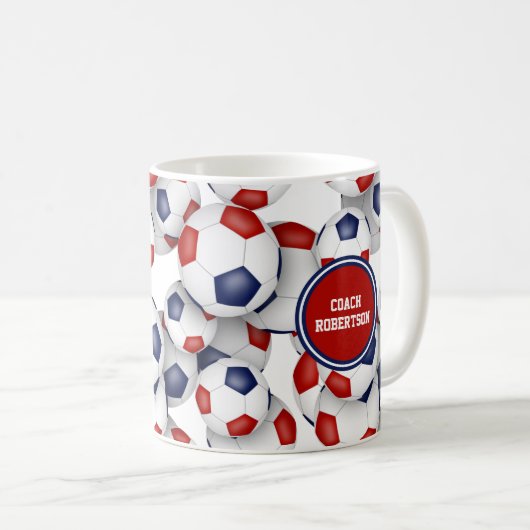 コーチコーヒー用の赤いブルーサッカーチームの色のギフト コーヒーマグカップ (正面右)