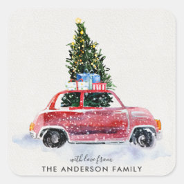コーディネートのクリスマスステッカー – ヴィンテージレッドカー スクエアシール