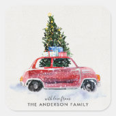 コーディネートのクリスマスステッカー – ヴィンテージレッドカー スクエアシール (正面)