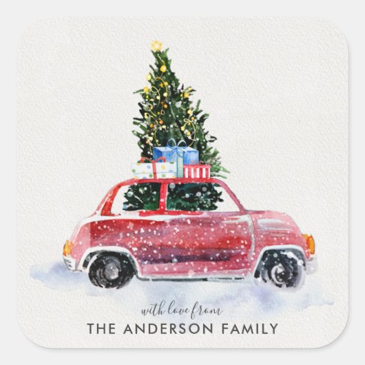 コーディネートのクリスマスステッカー – ヴィンテージレッドカー スクエアシール (正面)