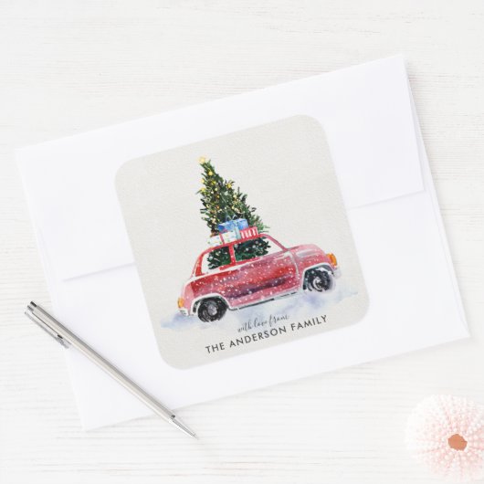 コーディネートのクリスマスステッカー – ヴィンテージレッドカー スクエアシール (封筒)