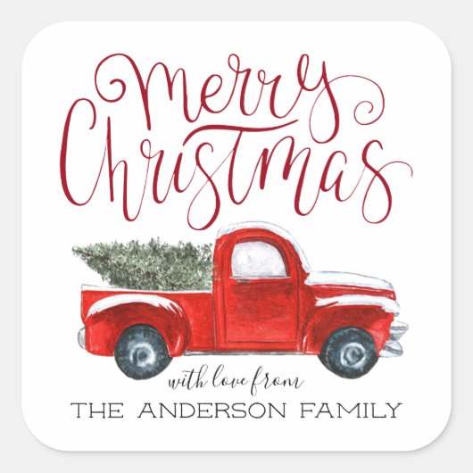 コーディネートクリスマスステッカー – ヴィンテージレッドトラック スクエアシール (正面)
