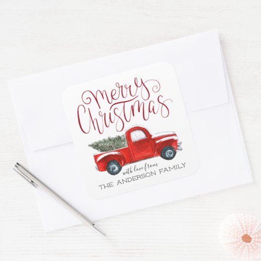 コーディネートクリスマスステッカー – ヴィンテージレッドトラック スクエアシール (封筒)