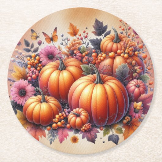 コーディネート感謝祭秋色の花 ラウンドペーパーコースター (正面)