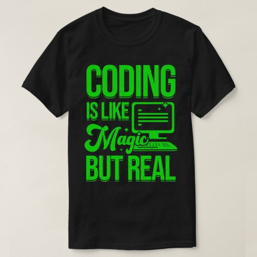 コーディングは魔法に似ているが、プログラマー実在ギフトに似ている Tシャツ (デザイン正面)