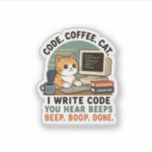 コーディング中の猫とコーヒー プログラマーユーモアイラスト シール (正面)