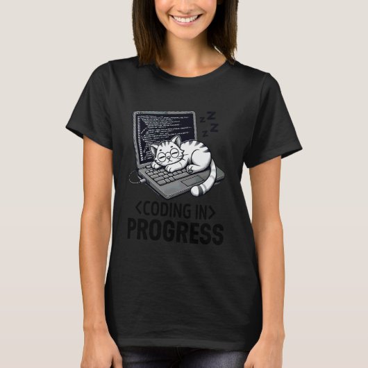 コーディング進行中 リラックスしたプログラマーとネコ Tシャツ (正面)