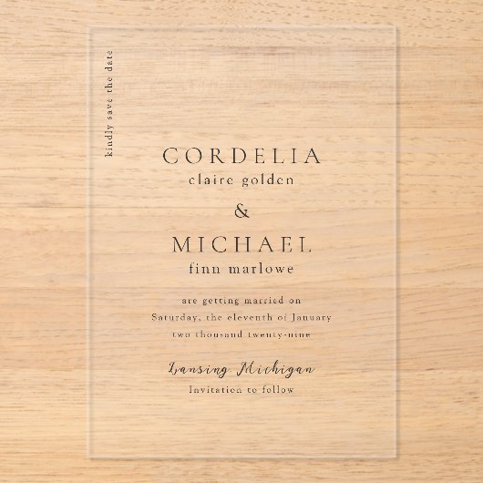 コーデモダンリア結婚式の日付の保存 アクリル招待状 (正面)