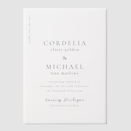 コーデモダンリア結婚式の日付の保存 ベラム紙招待状 (正面)