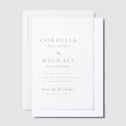 コーデモダンリア結婚式の日付の保存 ベラム紙招待状 (オフセット)