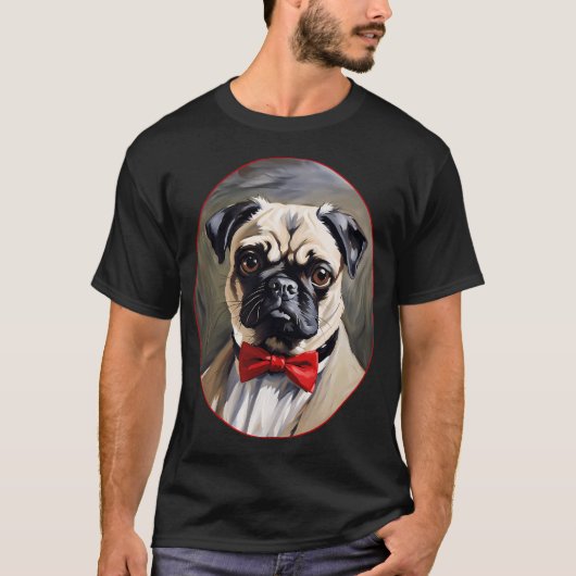 コートとネクタイ姿のパグの肖像画 Tシャツ (正面)