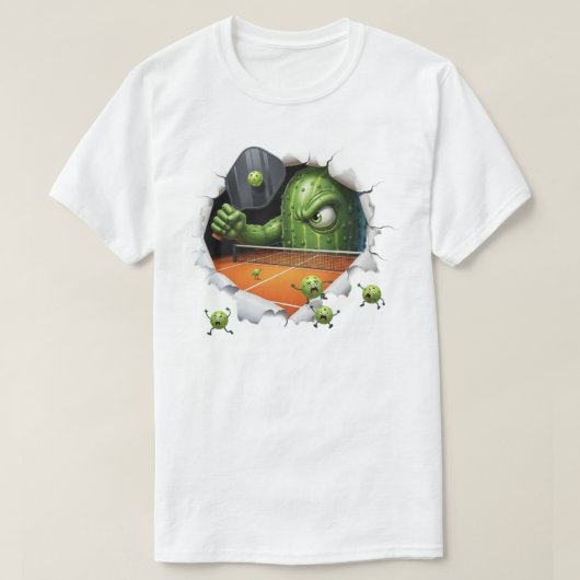 コートを支配する面白いピックルボール生物 Tシャツ (デザイン正面)