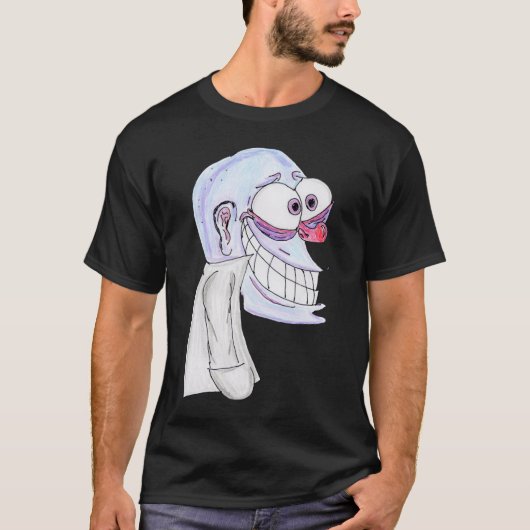 コートを着て笑う青いキャラクター Tシャツ (正面)