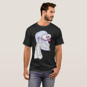 コートを着て笑う青いキャラクター Tシャツ (正面フル)