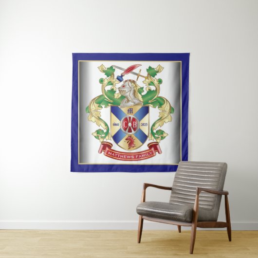 コートオブアームズナイトシールドドラゴンモノグラムブルー タペストリー (インサイチュ)