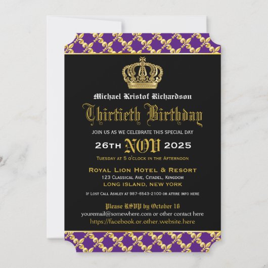 コートオブアームズ紫金ゴールドライオンエンブレム誕生日 招待状 (裏面)