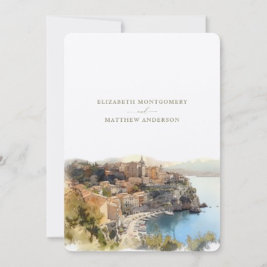 コートダジュールフランスの沿岸目的地の結婚式の請求書 招待状 (裏面)