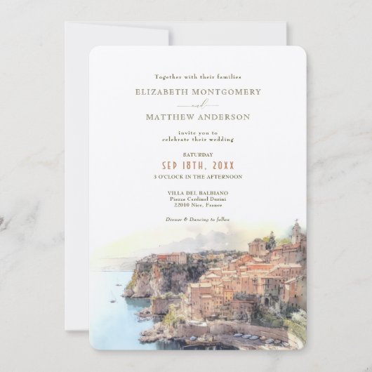 コートダジュールフランスの海岸行き先結婚式 招待状 (正面)