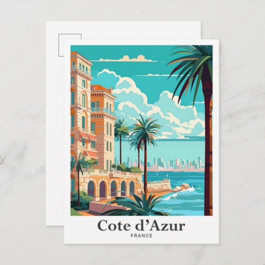 コートダズールフランスヴィンテージトラベルイラストレーション ポストカード (正面/裏面)