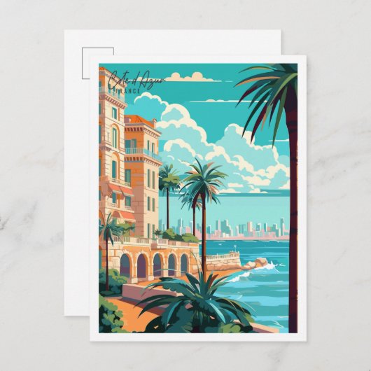 コートダズールフランスヴィンテージ旅行イラストレーション ポストカード (正面/裏面)