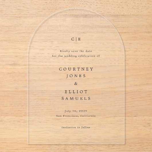 コートニーモノグラムエレガントなウェディング日付を保存 アクリル招待状 (正面)