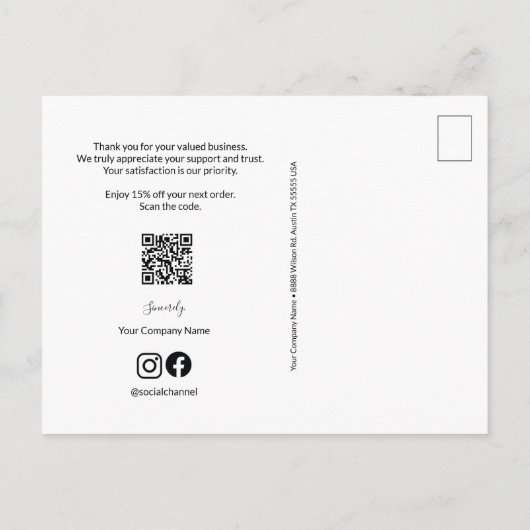 コード割引をスキャンする次の注文ブルーホワイトのロゴ ポストカード (裏面)