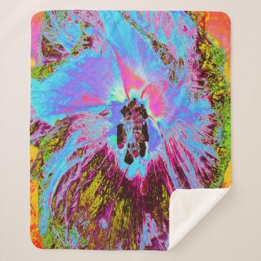 コーナサイケデリックフラワーブルーとマゼンタハイビスカス シェルパブランケット (正面)