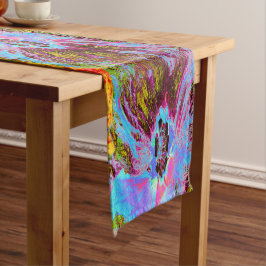 コーナサイケデリックフラワーブルーとマゼンタハイビスカス ショートテーブルランナー