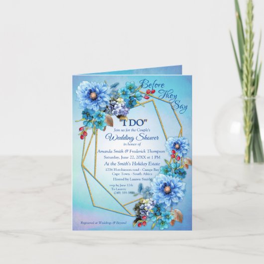 コーナフラワーブルースインウォーター色カップルのシャワー 招待状 (正面)