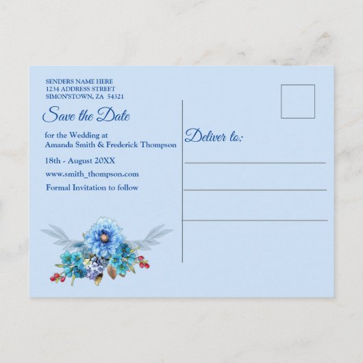 コーナフラワーブルーズインウォーター色デートを保存 案内ポストカード (裏面)