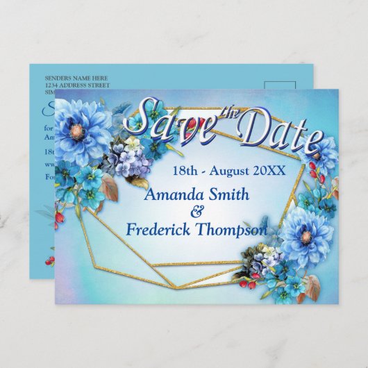コーナフラワーブルー水彩で日付を保存 案内ポストカード (正面/裏面)