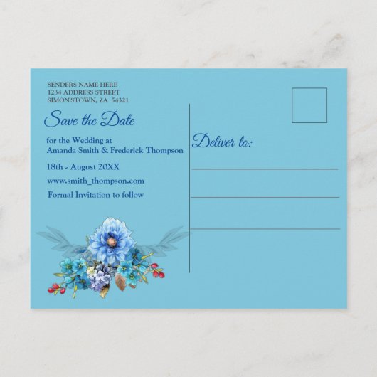 コーナフラワーブルー水彩で日付を保存 案内ポストカード (裏面)