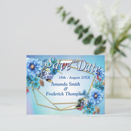 コーナフラワーブルー水彩で日付を保存 案内ポストカード (スタンド正面)
