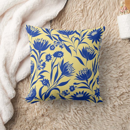 コーナモダンフラワーブルーフローラオンイエロー クッション (ブランケット)