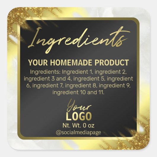 コーナーグリッターブラックおよび金ゴールド原料ラベル スクエアシール (正面)