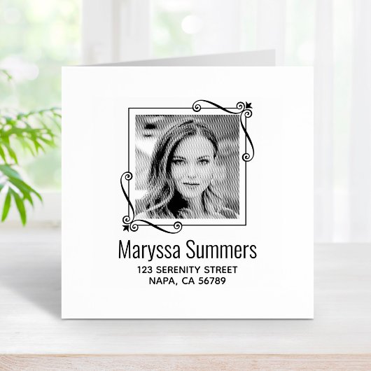 コーナー渦巻き四角フレームカスタムのフォトアドレス ラバースタンプ