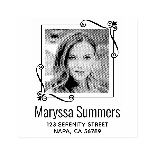 コーナー渦巻き四角フレームカスタムのフォトアドレス ラバースタンプ (インプリント)