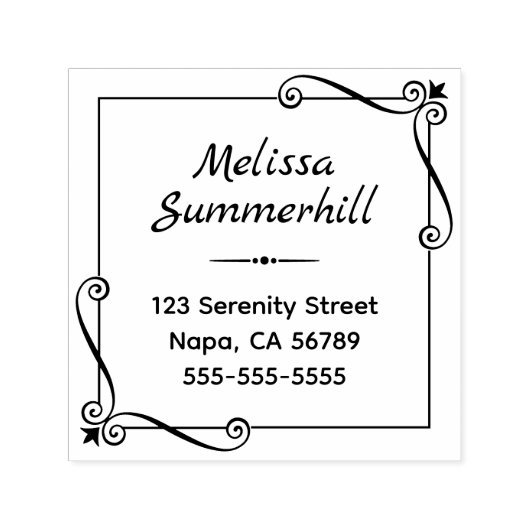 コーナー渦巻き型の正方形フレームアドレス セルフインキングスタンプ (デザイン)