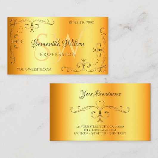 コーナー華美イニシャル発光オレンジ色の輝き 名刺 (正面/裏面)