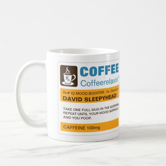 コーヒおもしろいーカフェインRx処方箋ラベルのマグカップ コーヒーマグカップ (左)