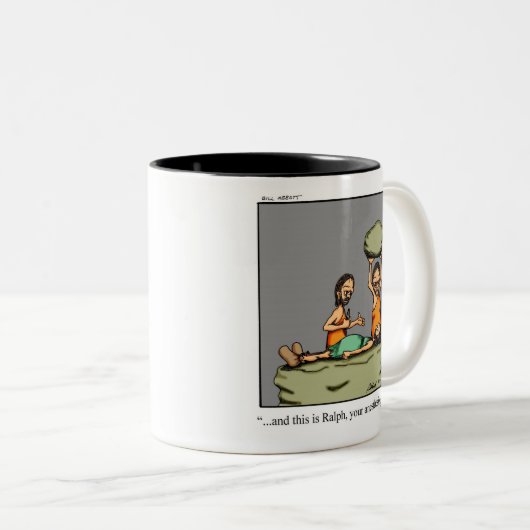 コーヒおもしろいーマグをよく聞く ツートーンマグカップ (正面右)