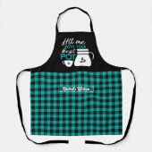 コーヒおもしろいー好き最高のポットブラックティール（緑がかった色）グリーンプレイド エプロン (正面)
