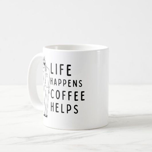 コーヒおもしろいー引用文ライフ・アクス・コーヒ救済ー コーヒーマグカップ (正面左)