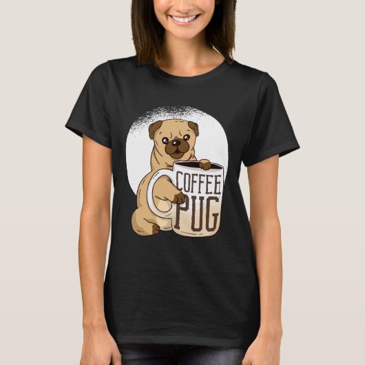 コーヒおもしろいーPUG愛犬家グラフィック漫画かわいい Tシャツ (正面)