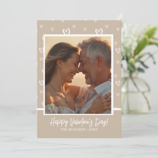 コーヒエレガントーとホワイトのハートとカスタム写真 シーズンカード (スタンド正面)