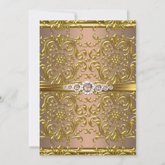 コーヒエレガントーブラウン金ゴールドダマスクダイヤモンド誕生日 招待状 (裏面)