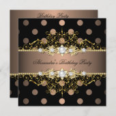 コーヒエレガントー金ゴールドブラック水玉模様誕生日パーティー 招待状 (正面/裏面)