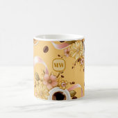 コーヒエレガントー黄色の花とリボンモノグラム コーヒーマグカップ (中央)