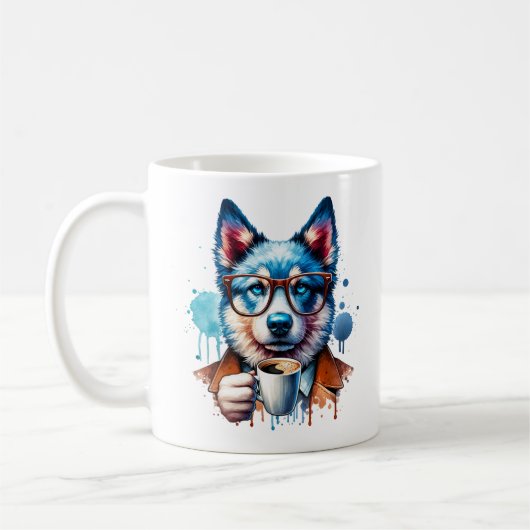 コーヒクールーでハスキー – Hipster Dog Art Mug コーヒーマグカップ (左)