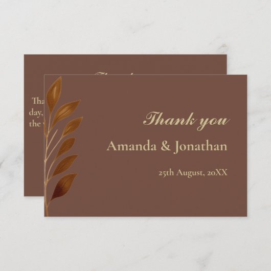 コーヒモダンーブラウンと金ゴールドリーフ結婚ズ サンキューカード (正面/裏面)